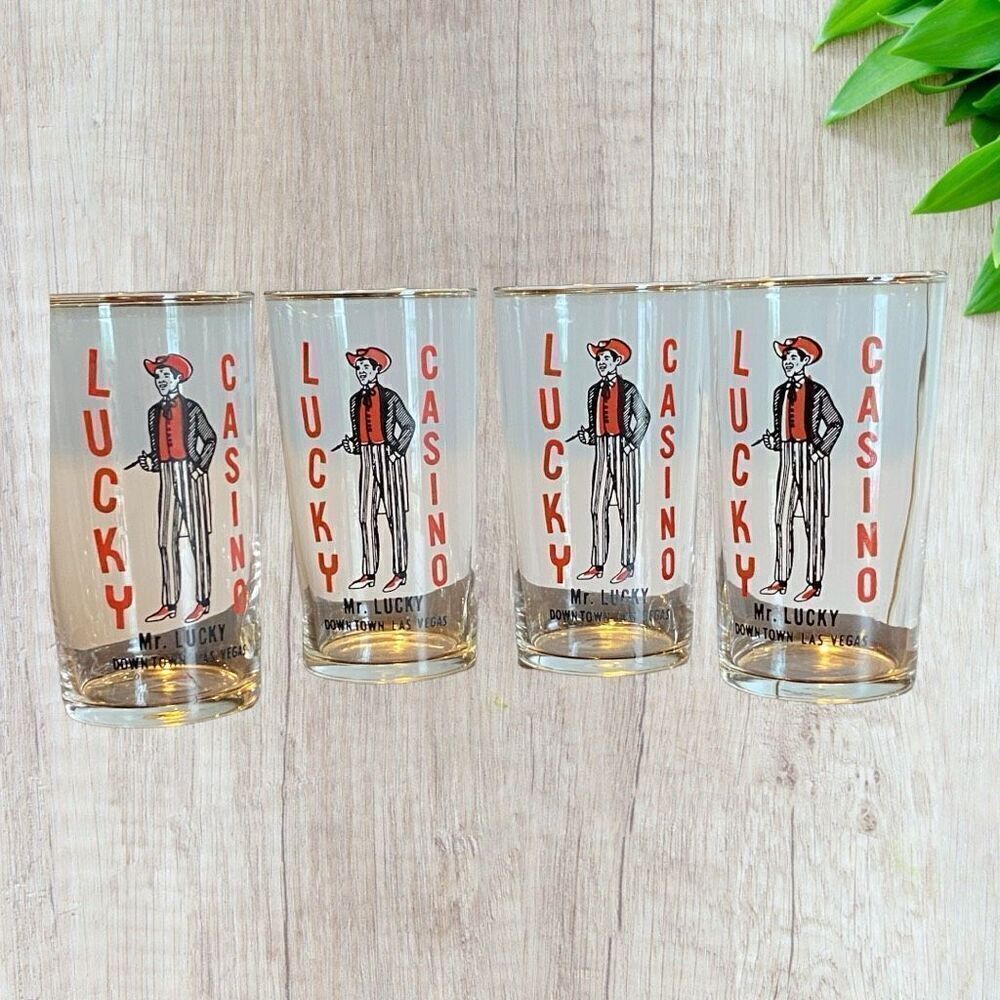 4 - Lucky Casino - Mr. Lucky - Downtown Las Vegas Bar Glass Vintage 4.75”